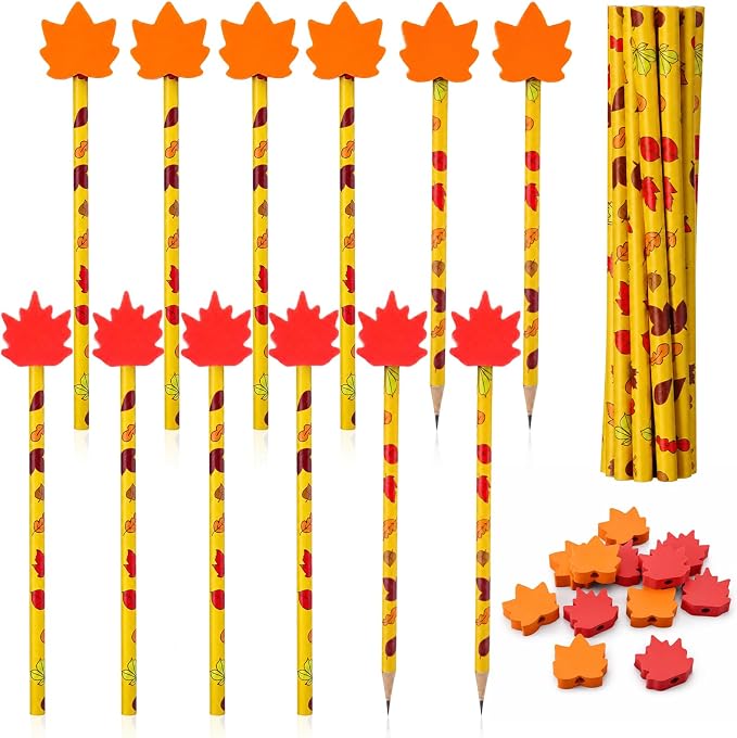 32 Pcs Maple Leaves Pencil with Eraser Autumn Party Favors Gifts Stationery Supplies for Classrooms Exchange Reward Prizes Home Office School Supplies(Red and Yellow)