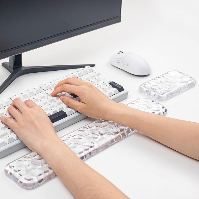 Gel Keyboard and Mouse Wrist Rest Set – Water Ripple Wrist Rest for Computer Keyboard 60%/68%/75%, Comfort & Support for Typing and Gaming (White)