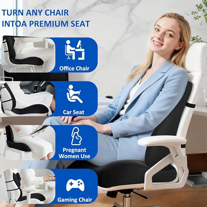 Lumbar Support Pillow for Office Chair,Seat Cushion with Back Support,Office Chair Cushion for Tailbone Pain,Sciatica and Hemorrhoid Relief (Black)