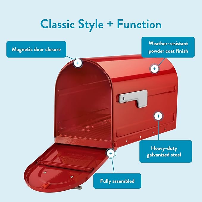 Architectural Mailboxes 7900-7R-SR Boulder Mailbox, Red | Galvanized steel build for outside with rust-resistant powder-coat finish and a magnetic door closure. USPS approved.