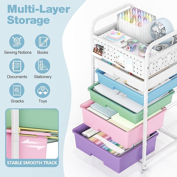 5 Drawer Rolling Storage Cart with Pegboard Top and Hooks, Ice Cream | Mobile Organizer Cart with Wheels for Office Supplies, Craft Storage, Classroom Organization, Home Utility Cart