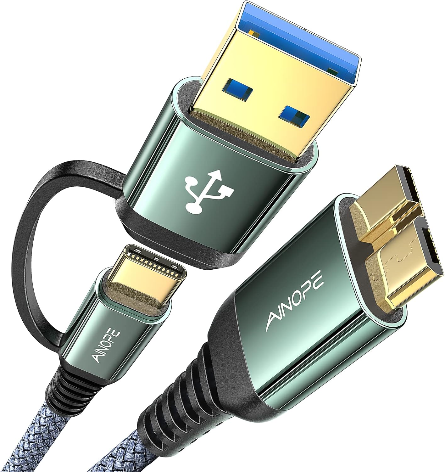 AINOPE Hard Drive Cable, Sturdy Nylon Braided External Hard Drive Cable 10Gbps Micro B to USB A/C Compatible with Seagate WD Toshiba Westgate, MacBook Air M2 Pro, Camera, 3.3FT/1m