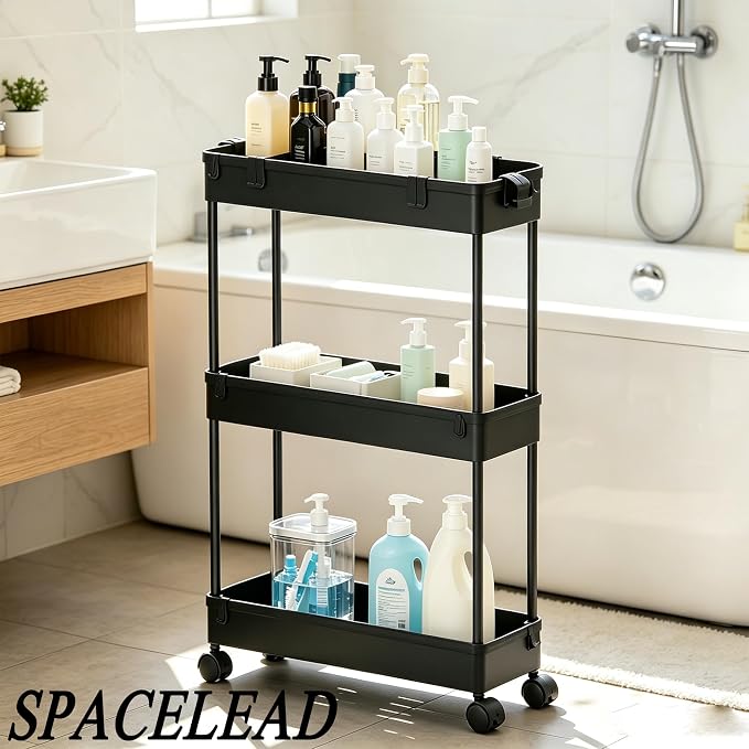 Slim Storage Cart 3 Tier,Bathroom Organizer Rolling Utility,Mobile Shelving Unit Slide Out for Office, Kitchen, Laundry Room & Narrow Places,Black