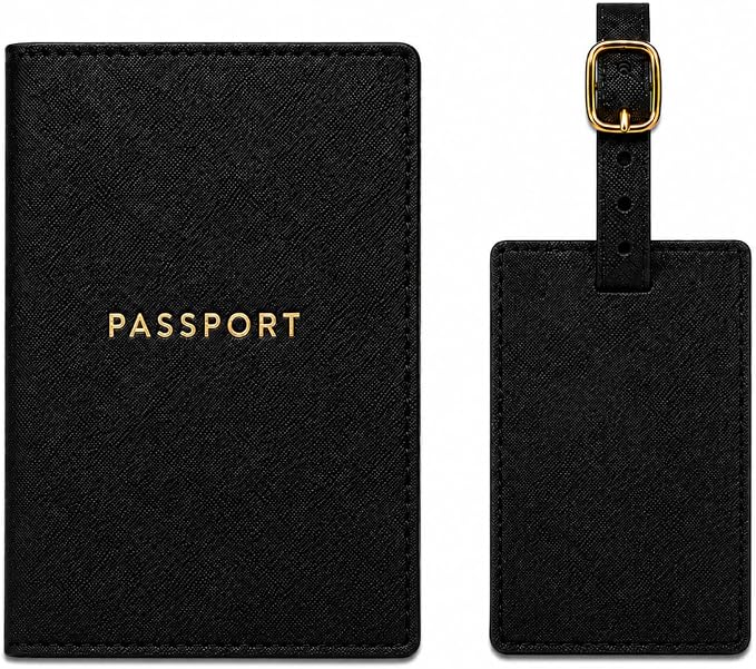 Eccolo Passport Cover Holder And Luggage Tag Set In Gift Box, Saffiano Classic Black | Faux Material, Adjustable Buckle Strap, Privacy ID Window, Slim Lightweight Build for Easy Carry