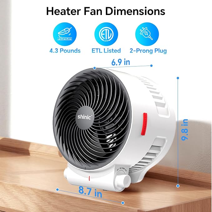 shinic Desk Fan and Heater Combo, Portable Cooling Air Circulator Fan, Tip-Over & Overheat Protection, Turbo Fan Space Heater Combo for Indoor Use Office, Bedroom, Living Room, ETL Listed, White