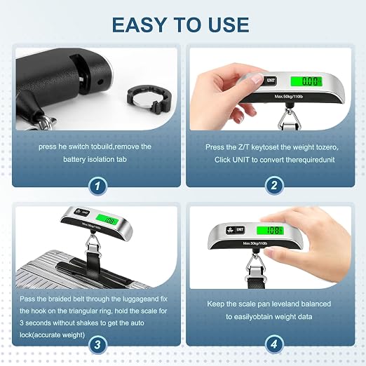 Digital Luggage Scale, 110lb Suitcase Weight Scale for Travel with Backlit LCD Display, 4-Unit Switching, Portable Hanging Baggage Scale for Luggage, Backpacks, Packages (Battery Included) | with Backlit LCD Display, 4-Unit Switching, Hanging Baggage S...