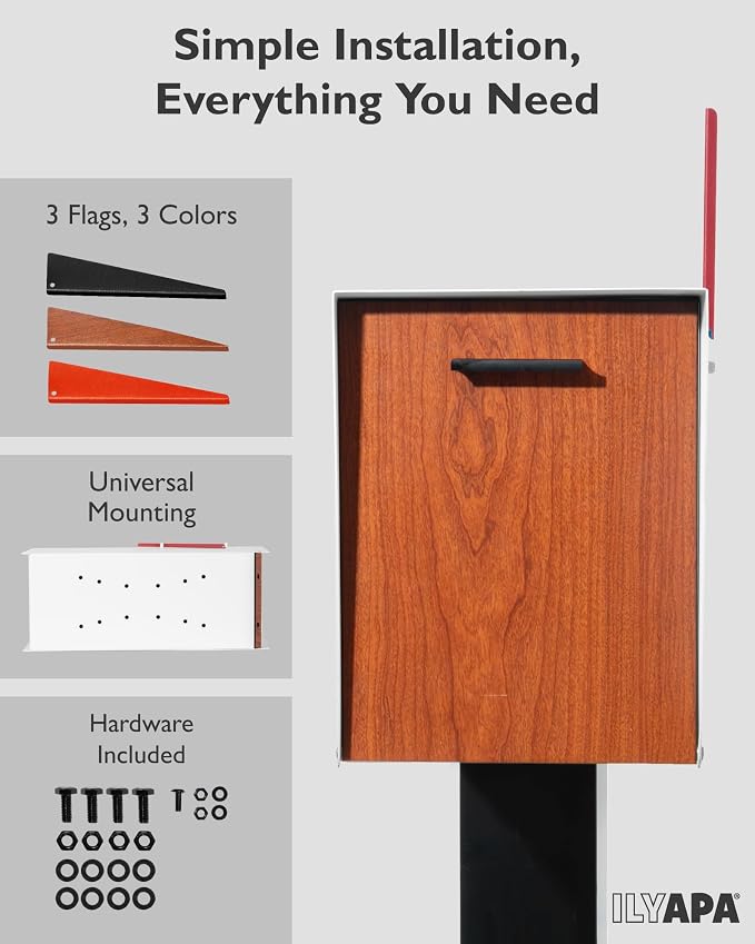 Ilyapa Modern Mailbox with Angle Design Post Mount - White Powder Coated Metal Mailbox with Wood Door - Waterproof for Parcels, Magnetic Close Door