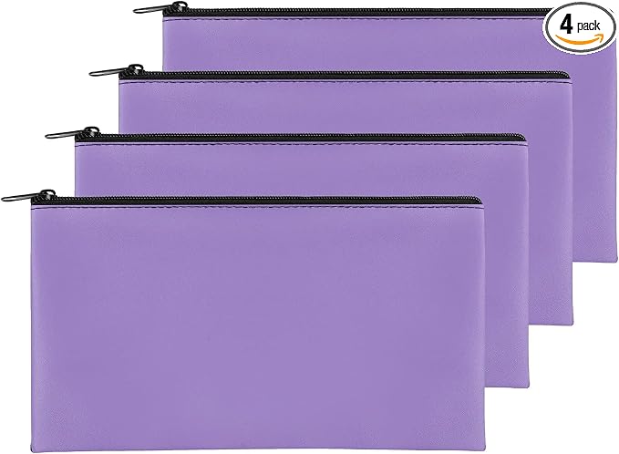 4Pack Money Bag 11 X 6", Safe Durable Waterproof Bags With Zipper for Cash, Coin Pouch PU Leather Bank Bag for Checks, Makeup, Bills, Receipts (Purple)