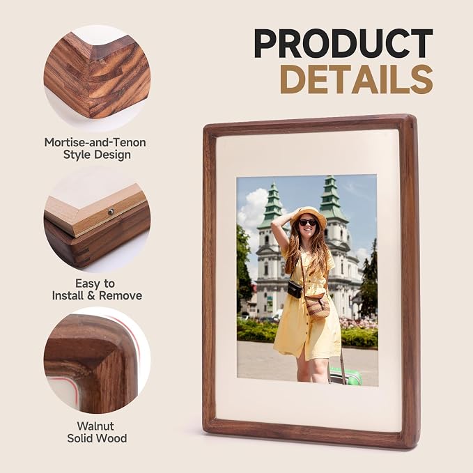 Solid Walnut Picture Frame for Instax Wide & Square Photos, Small Solid Wood Photo Frame with Joinery Corners, Tabletop Display (Walnut, For 4.2x3.5/4.3x3.4 Photo)