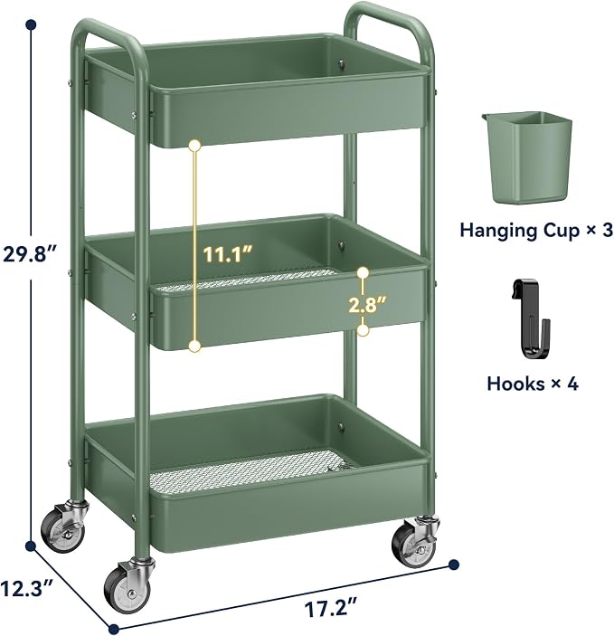 3-Tier Rolling Cart, Green, 66 Pounds Capacity, Mesh Storage Organizer with Lockable Wheels, 3 Hanging Cups, 4 Hooks, Easy Assembly, for Kitchen, Bathroom, Laundry, Grocery | Sturdy Rolling Storage Cart With Hooks & Hanging Cups, Great For Craft, Art W...