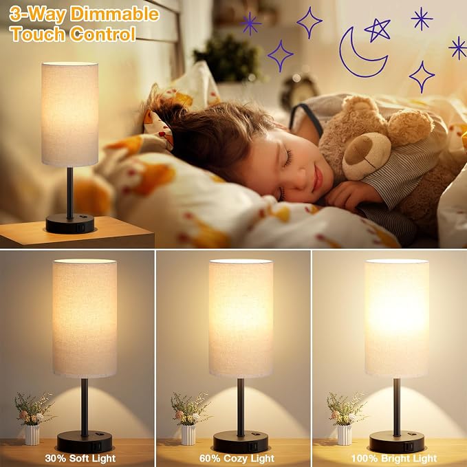Dicoool 17.4" Bedside Lamp for Bedroom - Dimmable Touch, USB A+C, AC Outlet | LED Bulb Included, 3-Way Dimmable, 17.4" Table Lamp for Living Room, Dorm, Beige Fabric Lampshade, Black Metal Base
