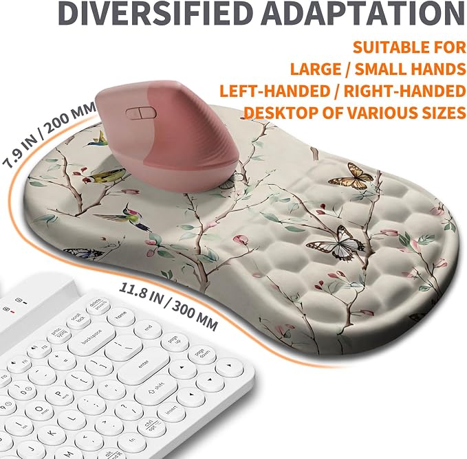 Ergonomic Joint Wrist Support Mouse Pad with Memory Foam Cushion Massage Bump, Carpal Tunnel Pain Relief Mousepad Slope Design for Wrist Rest, 11.8x7.9 in, Butterfly Hummingbird
