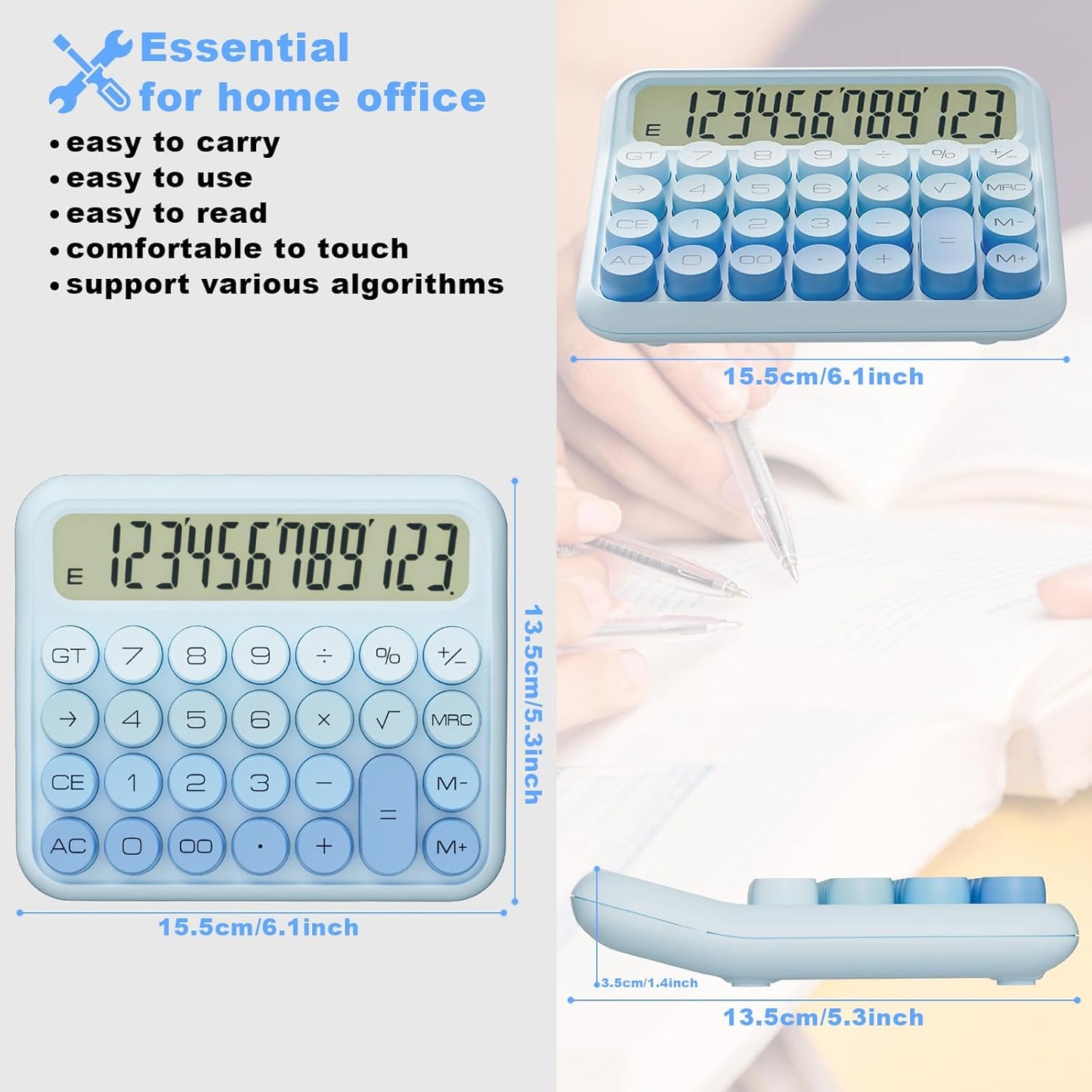 Mechanical Calculator 12 Digit Extra Large 5-Inch LCD Display, DECKLIT Battery Desk Calculator, Big Buttons Easy to Press Office Calculators Desktop, 15°Tilt Screen for Kids Calculator(Colourful)