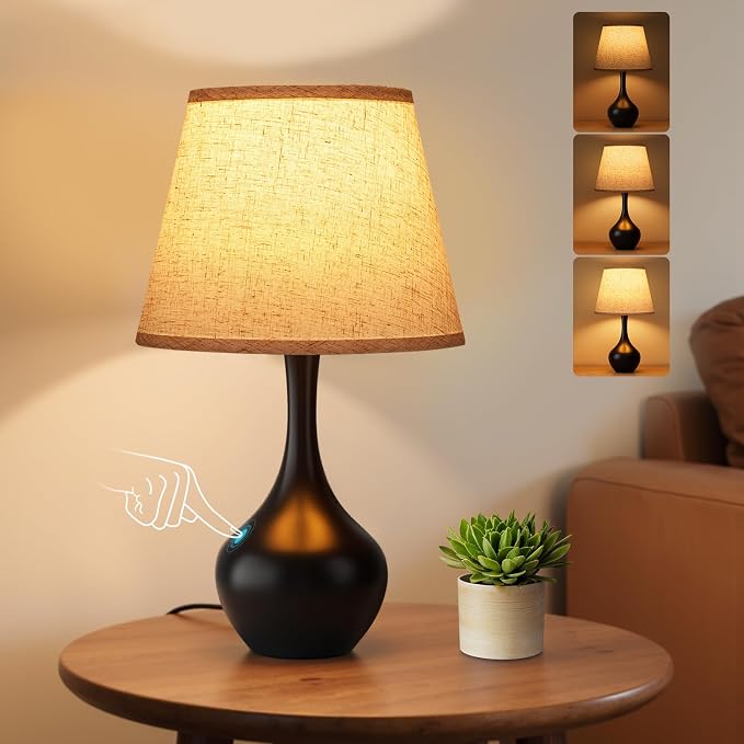 16.1" Touch Table Lamp for Nightstand, 3 Way Dimmable Small Bedroom Lamp | Touch Control, Bulb Included, Black Bedside Lamps for Desk, Night Stands, Living Room, End Table, Corded