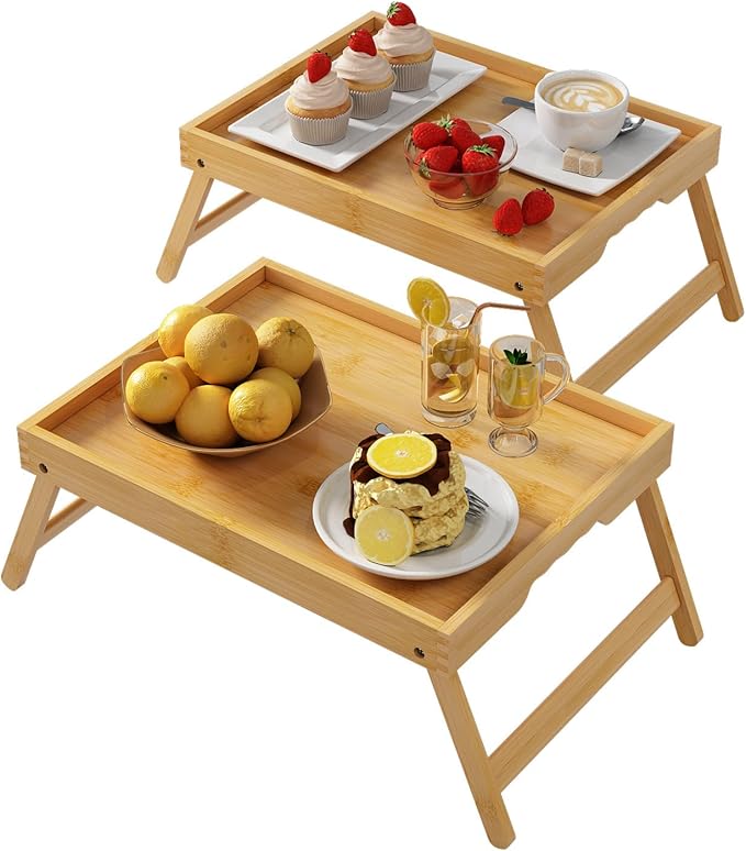 Youpehom Bamboo Bed Tray Tables with Folding Legs, Medium, 2-Pack, Bamboo | Two bamboo bed trays with folding legs and handles for meals, laptops, reading and serving in bed or on a sofa.