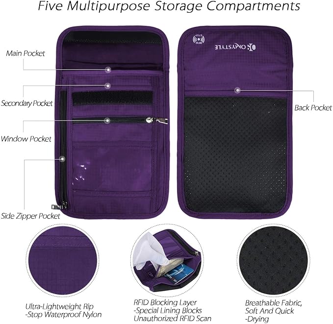 OMYSTYLE Neck Wallet, RFID Passport Holder for Travel, Adjustable Neck Strap, Waterproof Neck Pouch for Men & Women to Keep Cash, Credit Cards and Documents Safe, Purple (8x6)