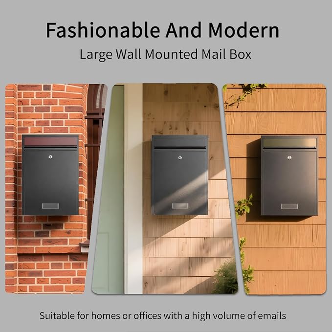 Wall Mounted Locking Mailbox for Outside, Heavy Duty Steel | Large capacity wall mounted mailbox, fits letters, magazines, parcels, waterproof design with secure lock