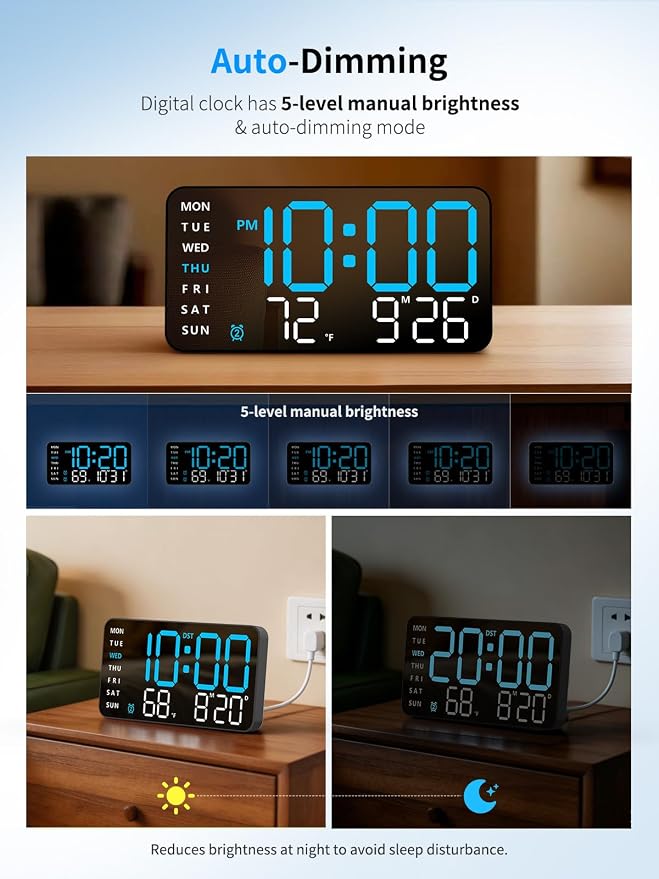 Abovsare Digital Wall Clock, Digital Clock Large Display, Corded LED Alarm Clocks with Date, Week, Temp, Auto Dimming, DST, Wall Mount or Desk Clock for Bedroom Living Room Classroom Office (Blue)