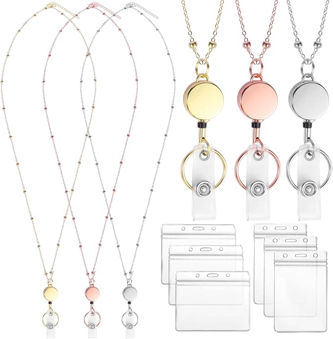 Lanyards for Id Badges 3 Pack Badge Lanyard with 6 Pcs Id Badge Holder Retractable Stainless Steel Teacher Cruise Ship Lanyard for Girl Women (Silver, Gold, Rose Gold)