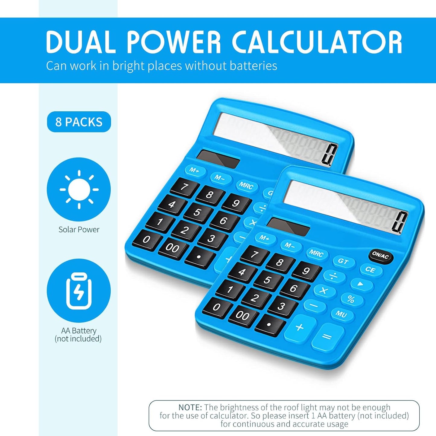 Konohan 8 Pieces 12-Digit Calculator, Solar Basic Desktop Calculator Large Display Electronic Dual Power Handheld for Home Office School(Dark Blue)