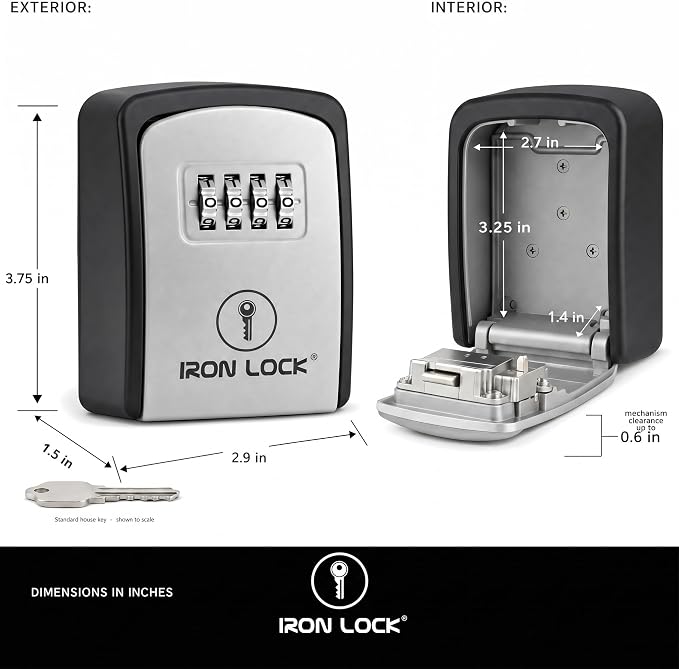 Iron Lock® Small Wall Mount Key Lock Box for Keys Outside (Grey) | Combination Lock, Resettable 4-Digit Code, Screw-In Wall Mount, Weather-Resistant Metal, No Battery or App, Holds 2 to 5 Keys