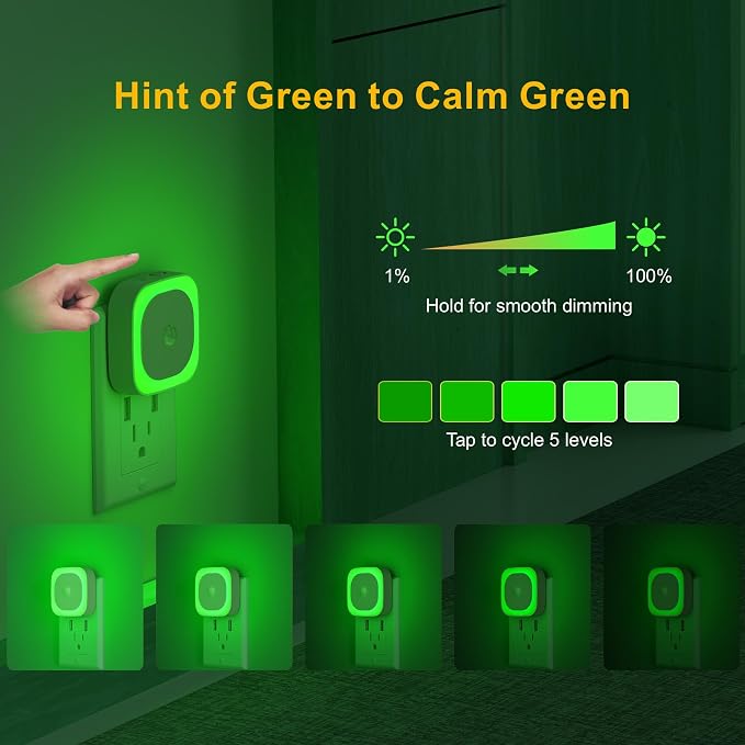 YUNLEX 2 Pack Plug in Night Light with Motion Sensor & Dusk to Dawn Sensor, 3 Sensor Modes, Auto ON/Off, Dimmable Reflected Light, Calming Green LED for Home Office, Hallway, Bathroom