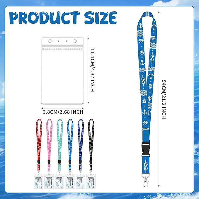 6 Pack Cruise Lanyards with Waterproof Card Holders, Mixed Colors | Detachable buckle, soft polyester neck strap, resealable waterproof badge holder, ideal for family or group cruises