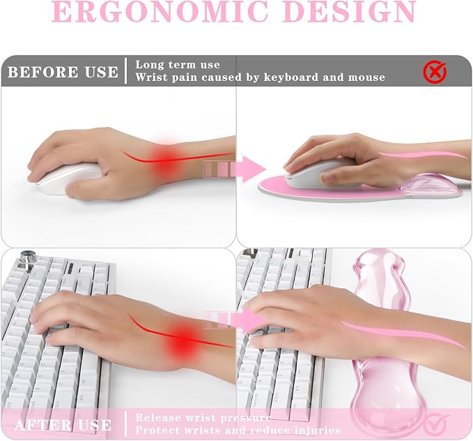 Gel Wrist Rest for Keyboard and Mouse Pad Set - Clear Pink | Ergonomic Cute Computer Keyboard Wrist Pad Support for Pain Relief, Non-Slip Desk Accessories for Office and Home
