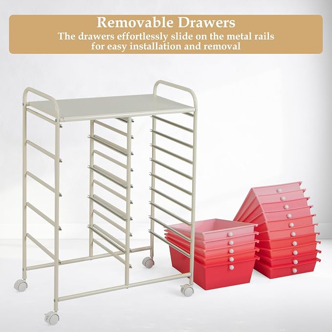 GLACER 15 Drawers Rolling Storage Cart, Steel Frame Craft Organizer Cart | Utility Cart w/Lockable Wheels & Sleek Handle, Mobile Art & Tool Supply Trolley for Teacher, Home, School, Office (Pink)