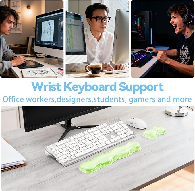 Acrylic Keyboard Stand with Cooling Gel Wrist Rest Set, Clear Ergonomic Keyboard Riser, Tilted Computer Keyboard Holder with Non-Slip Silicone for Mechanical/Wireless Keyboards, Home Office & Gaming