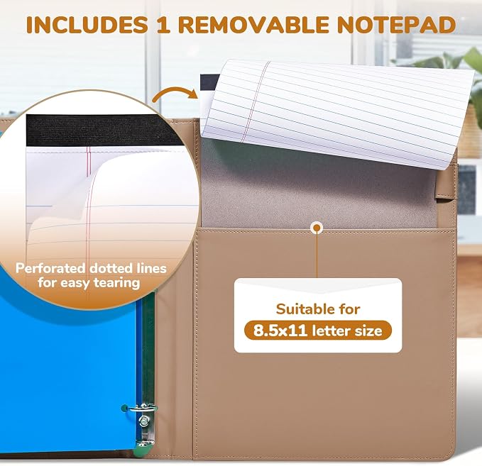 JoyCat 3 Ring Binder Clipboard with Storage, 5 Folders, Khaki | 3 ring clipboard portfolio combines five expandable folders, a refillable letter-size notepad and storage
