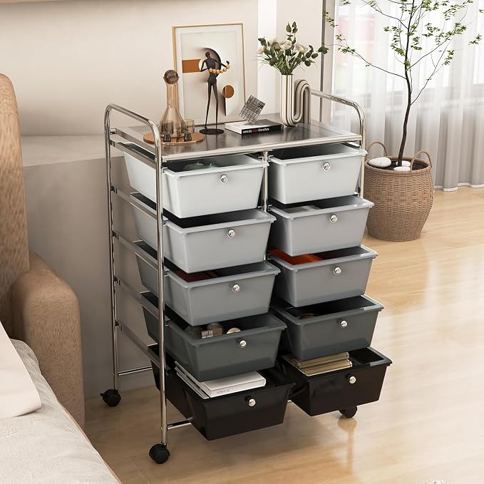 10 Drawer Rolling Cart, Storage Cart Organizer on Wheels, Drawer Cart with Metal Frame & Large Storage Capacity, Rolling Cart with Drawers for Living Room Classroom, Office