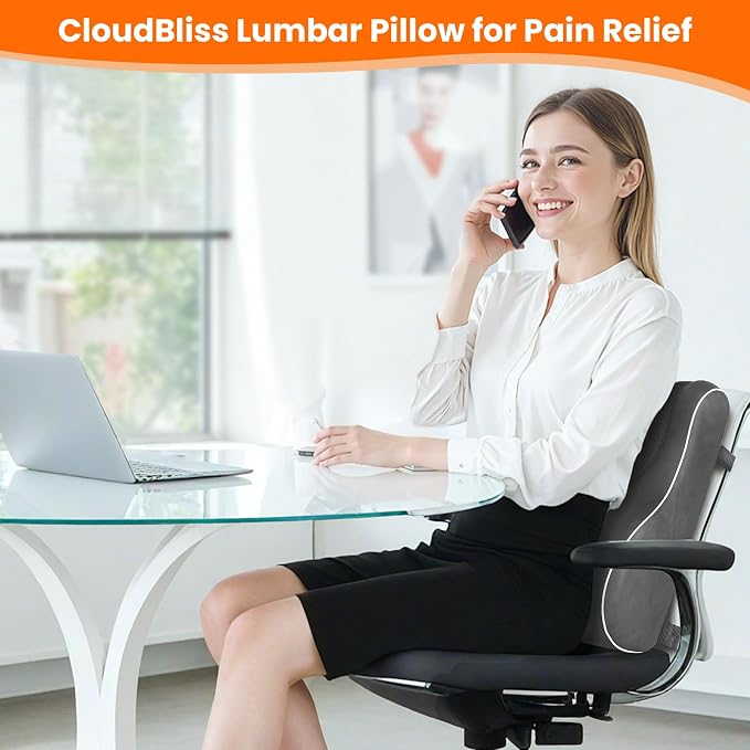 CloudBliss Lumbar Support Pillow, Memory Foam for Office Chair, Gray | Ergonomic High-Density Memory Foam, Adjustable Straps, Washable Mesh Cover, Lower Back Support for Office, Gaming & Car Seat