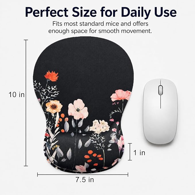 Mouse Pad with Wrist Rest Ergonomic Memory Foam Support, Non-Slip Rubber Base, Comfortable Typing Cushion for Home Office Computer Laptop, Flower Black
