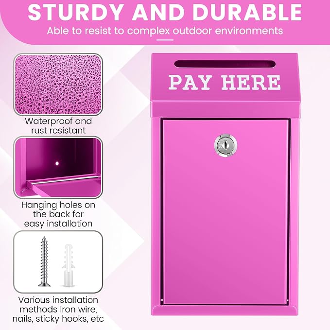 Yaocom Safe Metal Cash Box for Farm Stand – Money Drop and Secure Donation Collection, Wall Mount Lockable Unit with Pre Drilled Holes for Outdoor Self Serve(Rose Red,10.2 x 5.7 x 2.8 Inch)