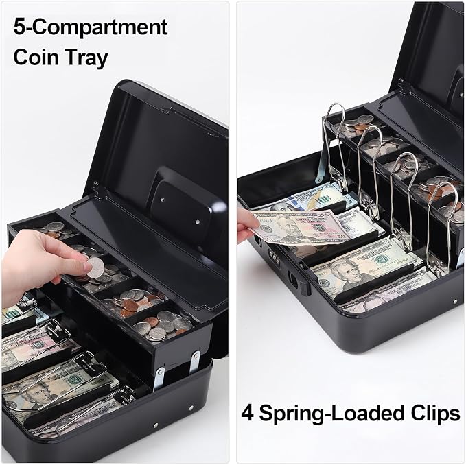 Jssmst Cash Box with Sliding Coin Lid and Snap Latch Combination Lock - Portable Cash Box with Money Tray and Lock, Secure Locking Money Box for Cash Organizer, 11.8L x 9.5W x 3.5H Inches, Black