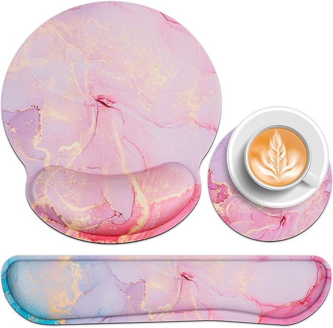 Mouse Pad with Wrist Rest Pink, 3-in-1 Wrist Support Mousepad Set, | Gaming with Anti-Skid Base,Ergonomic Mouse Pad,Memory Foam Keyboard Gel Wrist Rest