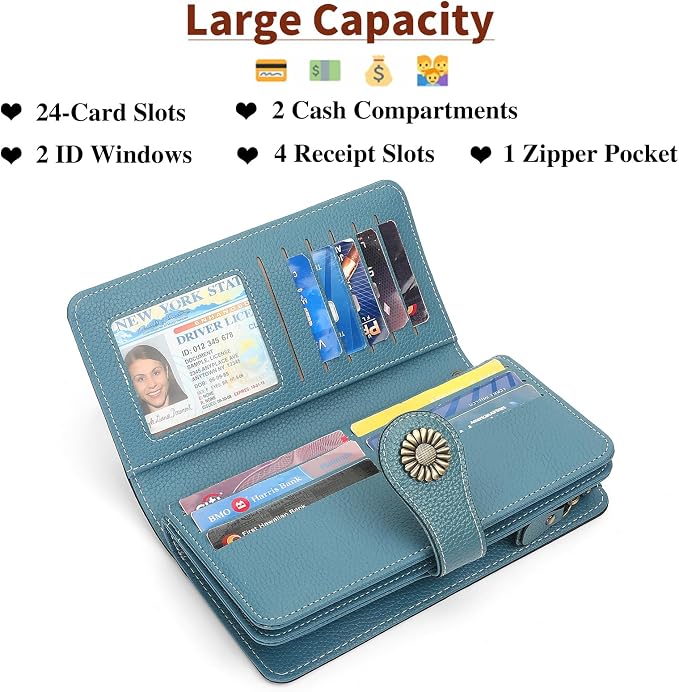 SENDEFN Wallets for Women Leather Credit Card Holder with RFID Blocking Large Capacity Wristlet | with RFID Blocking