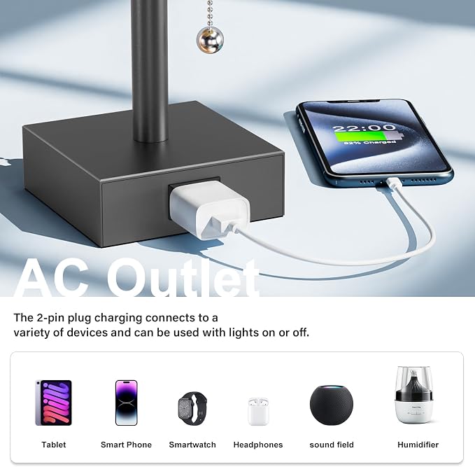 Bedside Lamp for Bedroom Set of 2 - Grey Table Lamp for Nightstand | AC Outlet, 3 Color Temperatures, LED Bulb Included, Pull Chain Design, 14" Rectangular Desk Lamp for Dorm/Office, 2-Pack