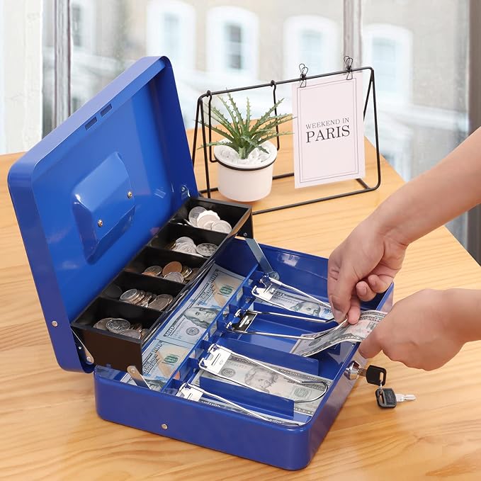 xydled Metal Cash Box, Cash Box with Money Tray and Key Lock, Storage Box, Blue,4 Bill / 5 Coin Slots,11.8" x 9.5" x 3.5",Blue