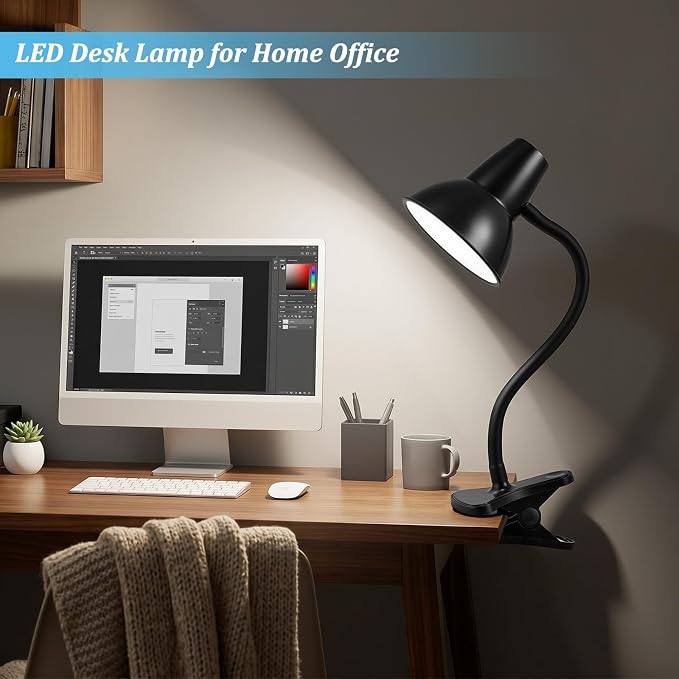 Clip On LED Desk Lamp, Flexible Arm, Eye-Caring Study Lamps for School Dorm | 4.5W Energy-Saving, Anti-tip Bedside Reading Light, Desk Lamps for College Dorm Room, Home Office, Modern Lamp with 1.6m Cord