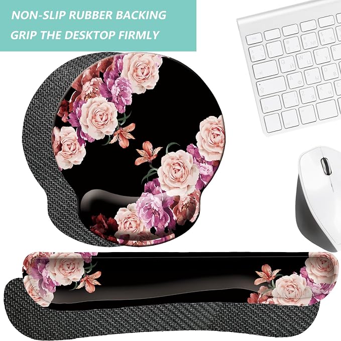 Keyboard Wrist Rest Pad Mouse Pad with Wrist Support Set of 3, Mousepad with Non-Slip Rubber Base, Ergonomic Memory Foam Mouse Wrist Cushion Support for Home Office Laptop Computer Gaming, Flowers
