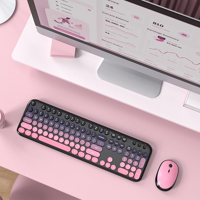 MOFII Wireless Keyboard and Mouse Combo, Full Size 2.4G Retro Round Computer Keyboard and Mouse Set, Plug and Play, for Windows, Computer, Desktop, PC, Notebook - (Lovely Plum Pink Gradient)