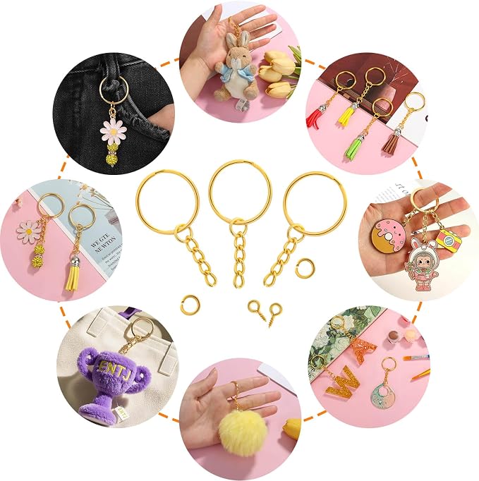 Audab 360Pcs Gold Keychain Bulk, 120Pcs Key Rings with Chain and 120Pcs Open Jump Rings with 120Pcs Screw Eye Pins for Crafts and Jewelry Making