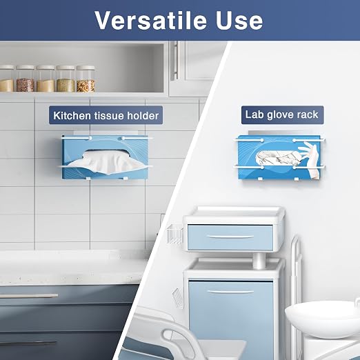 Glove Box Holder, Adhesive Wall-Mounted Metal Dispenser, White | Tool-Free Adhesive Wall Mount Metal Glove Box Holder for Latex Rubber Gloves, Facial Tissues and Wipes Storage