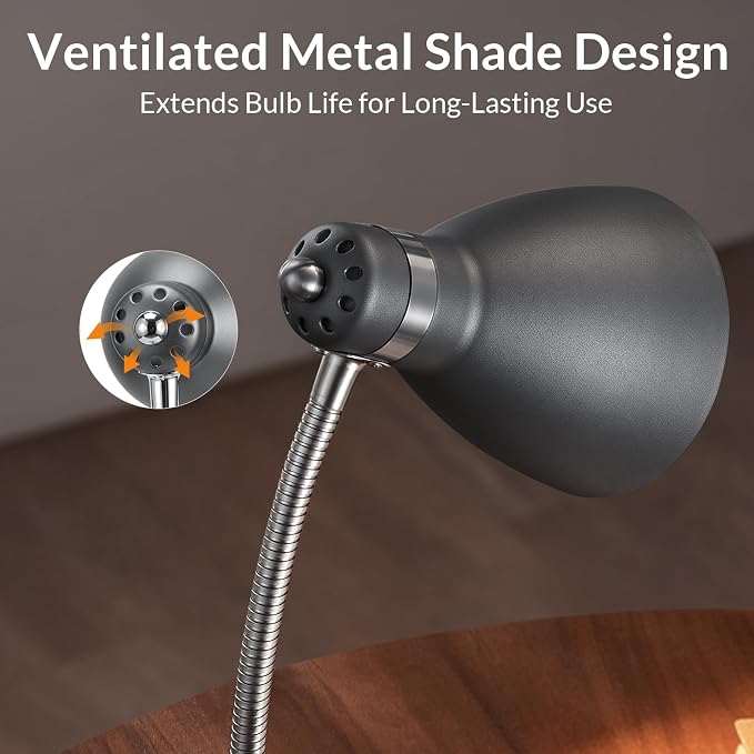 LEPOWER Metal Desk Lamp, Adjustable GooseNeck Reading Light for Bedroom | Compact & Sturdy, Space-Saving for Bedside & Dorm, E26 Table Lamp, Eye-Caring, Ideal for Study, Office, Back to School
