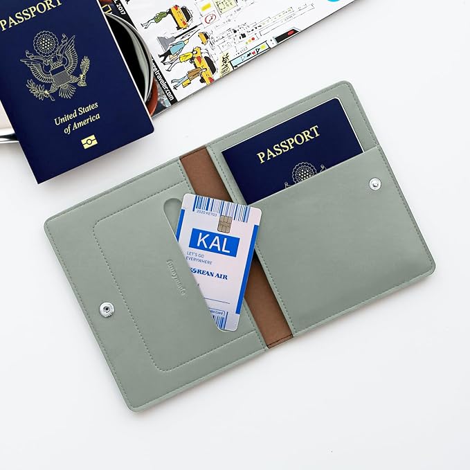 Premium RFID Blocking Leather Passport Holder & Wallet – Mint Grey | Family Travel Document Organizer – for 2 Passports, Cards, Boarding Passes & Travel Essentials