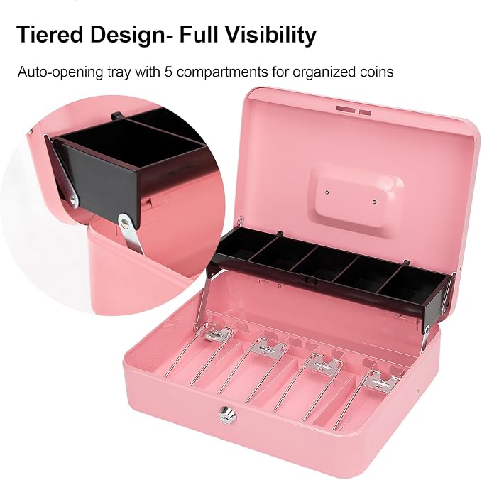 Jssmst Cash Box with Money Tray and Lock - Pink Cash Box with Key Lock Safe Money Box Large, Locking Register Drawer for Money, 11.8'' x 9.5'' x 3.5'', SM-CB005PK