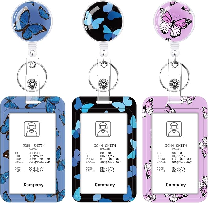 3 Set Butterfly Badge Holder with Retractable Reel, Retractable ID Badge Holders with Clip Name Key Card Holder Case for Nurse Doctor Teacher Office School