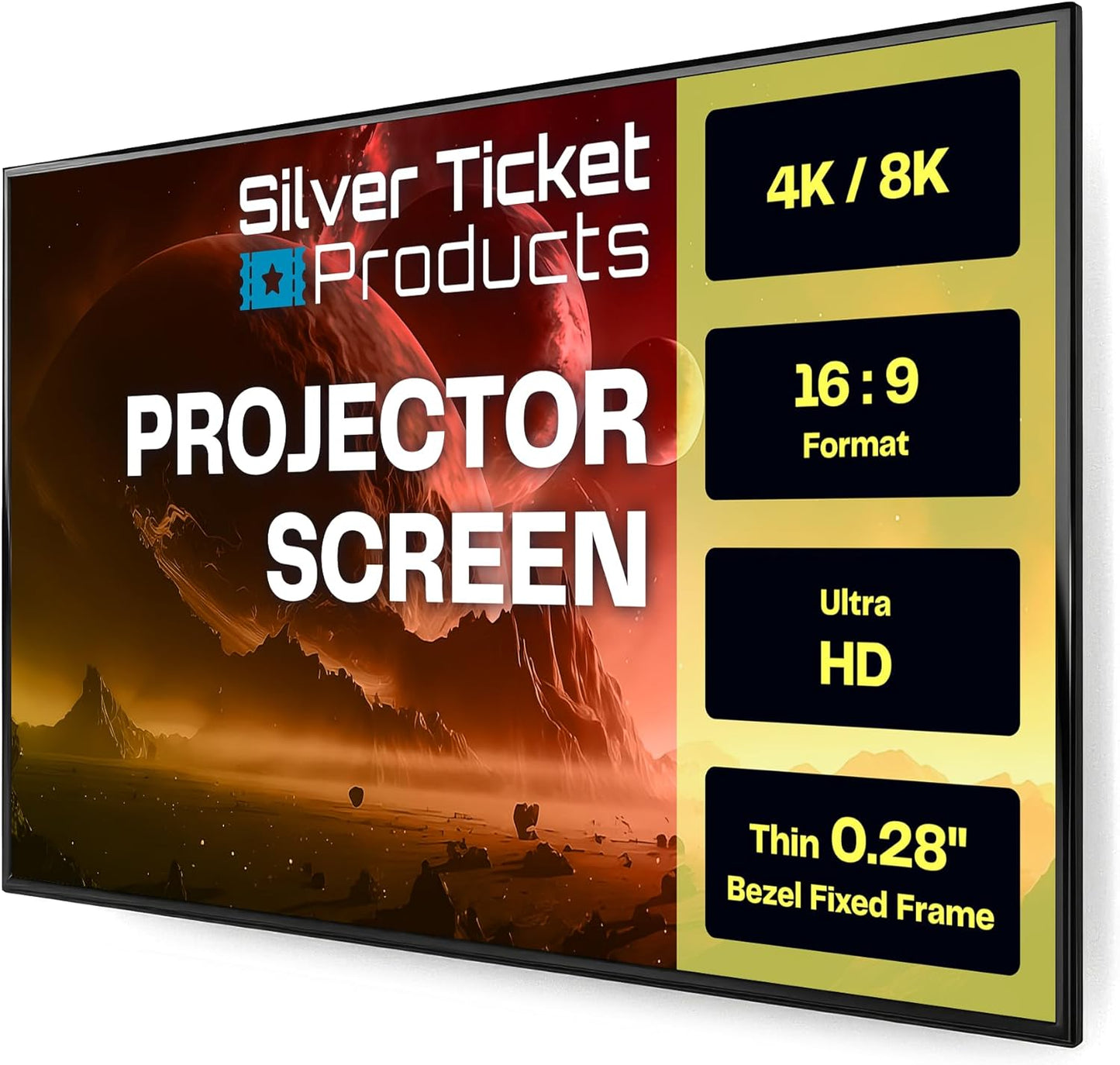 Silver Ticket Products S7 Series 6 Piece Thin Bezel Home Theater Fixed Frame 4K/8K Ultra HD, HDTV, HDR & Active 3D Projection Screen, 16:9 Format, 106" Diagonal, Woven Acoustic Material S7-169106-WAB